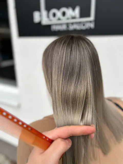 Păr bronde cenușiu, drept, pieptănat în fața logoului BLOOM Hair Salon