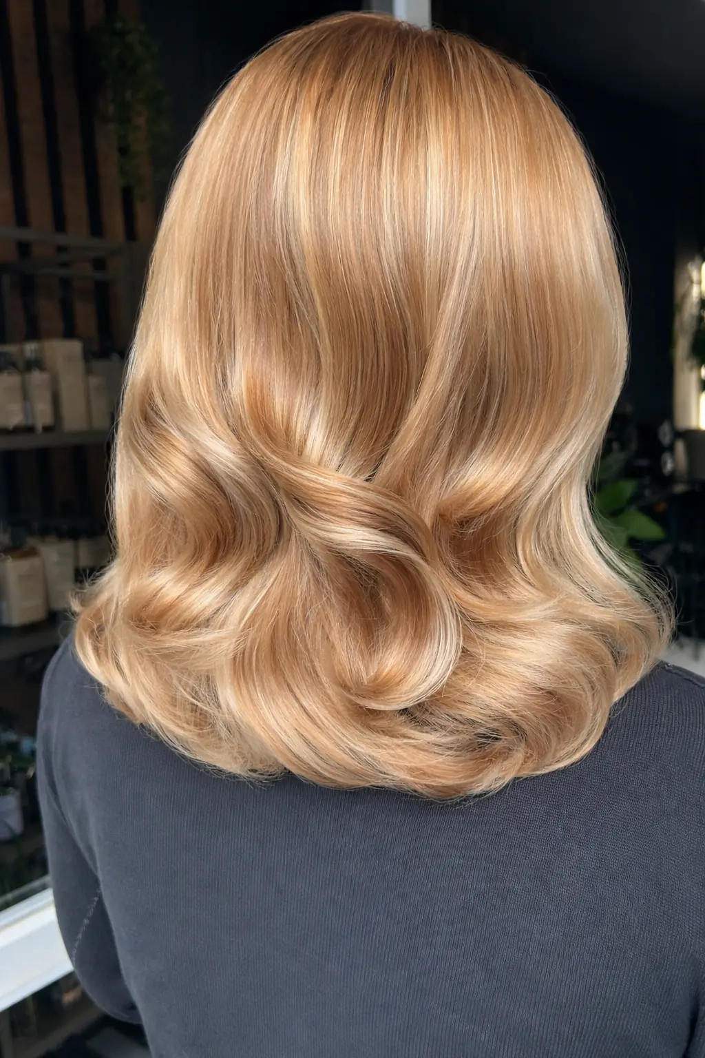 Bob blond miere cu bucle ample și luciu intens, coafat în salon